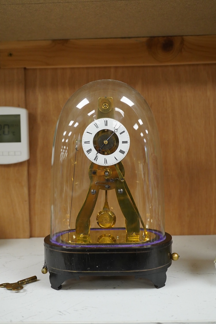 A late 19th century French eight day skeleton timepiece with alarm under glass dome, stamped 'Ms Honorables Exp. Paris Londres' with key